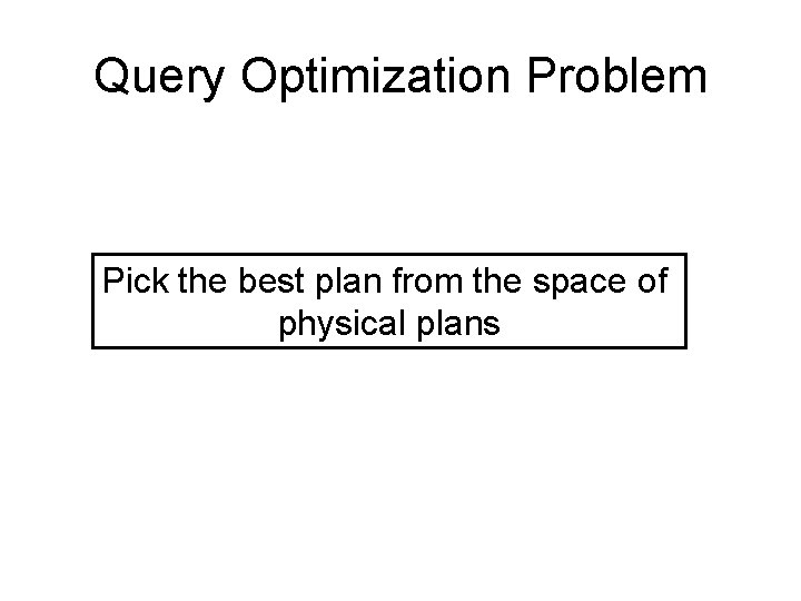 Query Optimization Problem Pick the best plan from the space of physical plans 