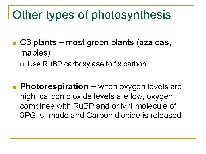 Other types of photosynthesis n C 3 plants – most green plants (azaleas, maples)