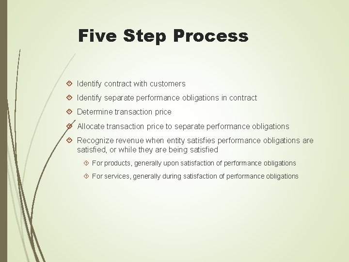 Five Step Process Identify contract with customers Identify separate performance obligations in contract Determine