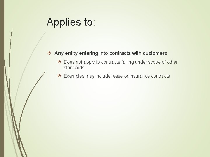 Applies to: Any entity entering into contracts with customers Does not apply to contracts