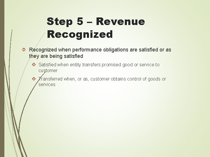 Step 5 – Revenue Recognized when performance obligations are satisfied or as they are
