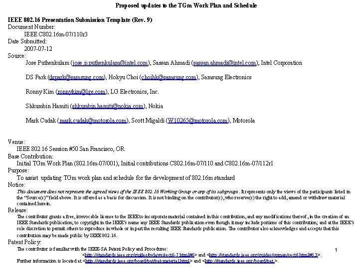 Proposed updates to the TGm Work Plan and Schedule IEEE 802. 16 Presentation Submission