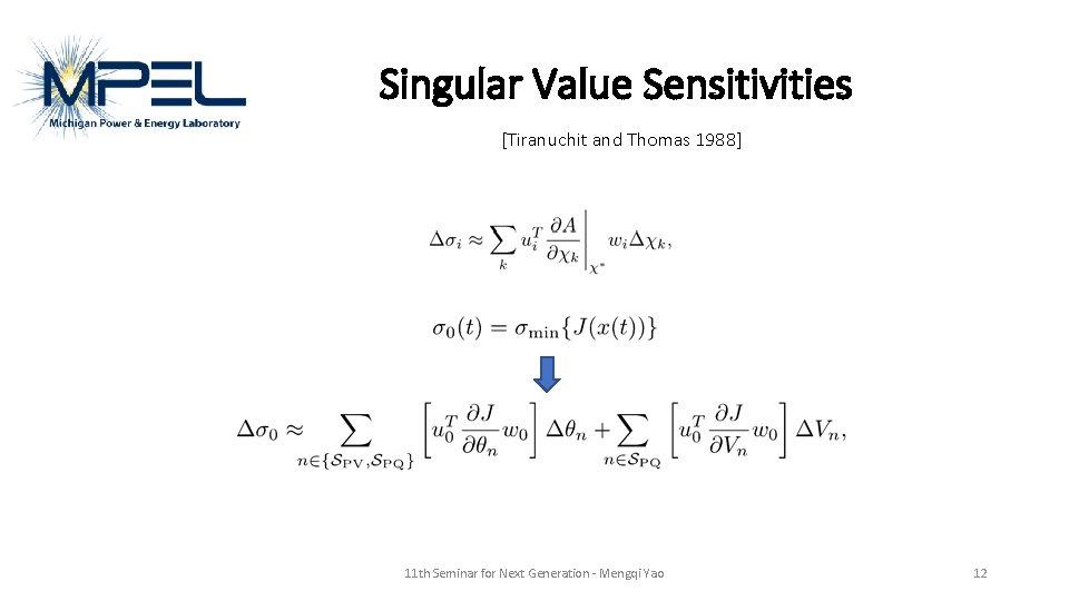 Singular Value Sensitivities [Tiranuchit and Thomas 1988] 11 th Seminar for Next Generation -