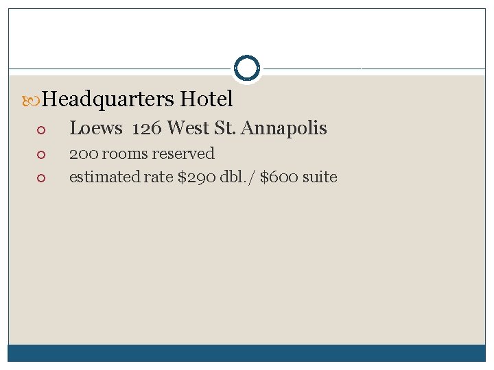  Headquarters Hotel Loews 126 West St. Annapolis 200 rooms reserved estimated rate $290