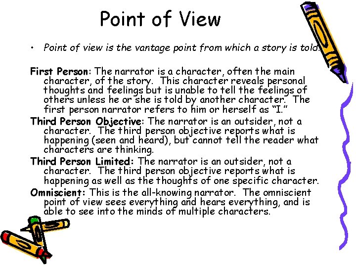 Point of View • Point of view is the vantage point from which a