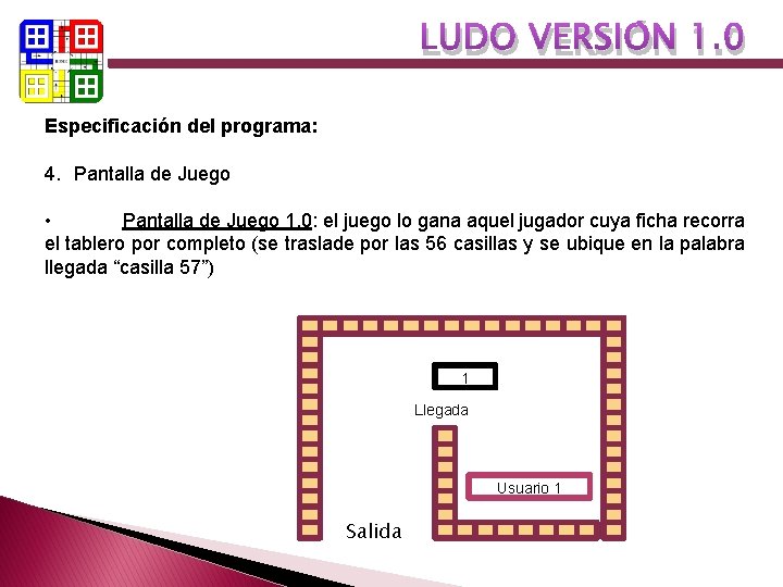 LUDO VERSIÓN 1. 0 Especificación del programa: 4. Pantalla de Juego • Pantalla de LUDO VERSIÓN 1. 0 Especificación del programa: 4. Pantalla de Juego • Pantalla de