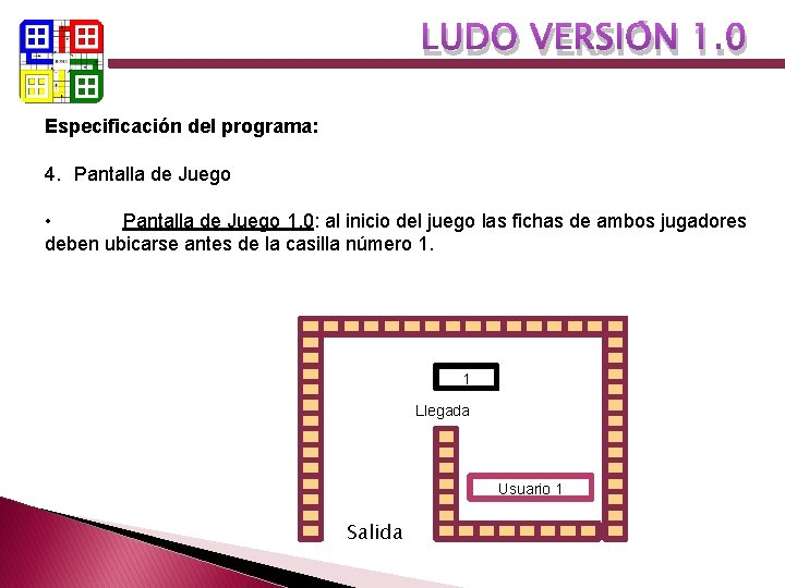 LUDO VERSIÓN 1. 0 Especificación del programa: 4. Pantalla de Juego • Pantalla de LUDO VERSIÓN 1. 0 Especificación del programa: 4. Pantalla de Juego • Pantalla de
