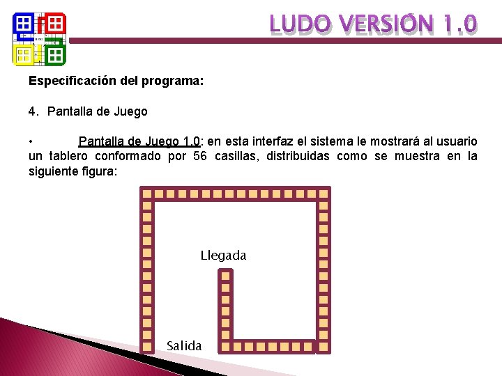 LUDO VERSIÓN 1. 0 Especificación del programa: 4. Pantalla de Juego • Pantalla de LUDO VERSIÓN 1. 0 Especificación del programa: 4. Pantalla de Juego • Pantalla de