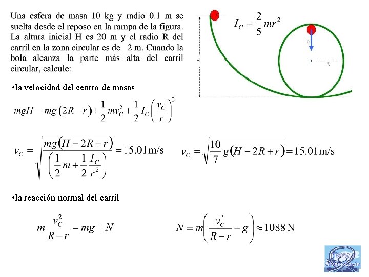  • la velocidad del centro de masas • la reacción normal del carril