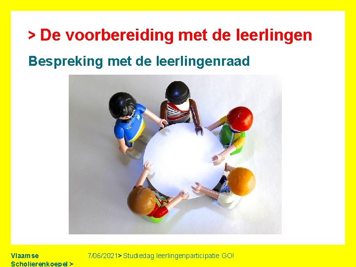 De voorbereiding met de leerlingen Bespreking met de leerlingenraad Vlaamse Scholierenkoepel > 7/06/2021> Studiedag