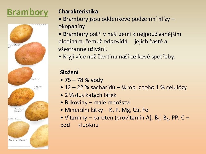 Brambory Charakteristika • Brambory jsou oddenkové podzemní hlízy – okopaniny. • Brambory patří v