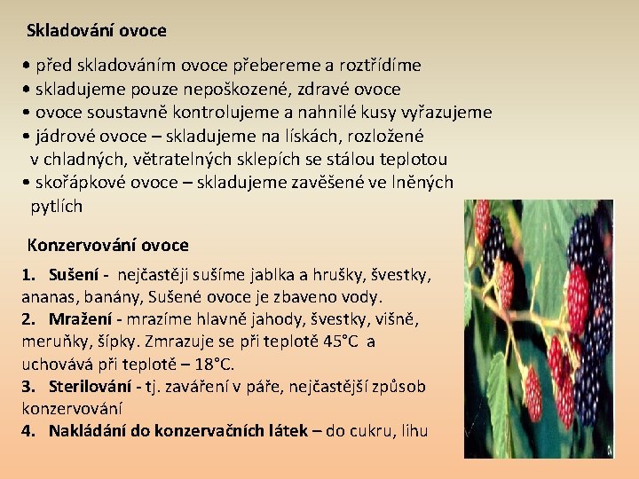Skladování ovoce • před skladováním ovoce přebereme a roztřídíme • skladujeme pouze nepoškozené, zdravé