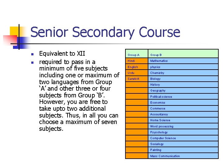Senior Secondary Course n n Equivalent to XII required to pass in a minimum