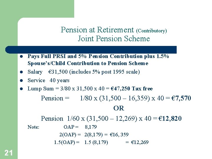 Pension at Retirement (Contributory) Joint Pension Scheme l l Pays Full PRSI and 5%