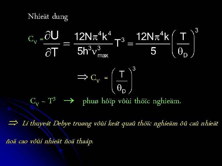 Nhieät dung CV = CV ~ T 3 phuø hôïp vôùi thöïc nghieäm. Lí