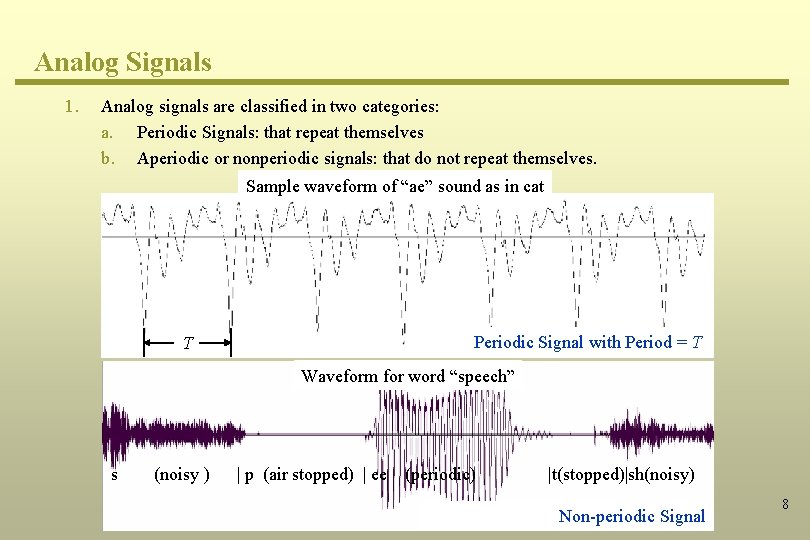 Analog Signals 1. Analog signals are classified in two categories: a. Periodic Signals: that