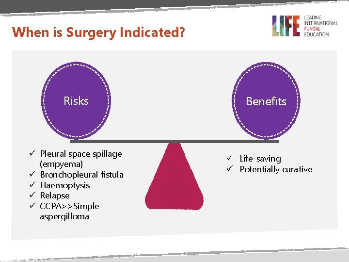 When is Surgery Indicated? Risks ü Pleural space spillage (empyema) ü Bronchopleural fistula ü