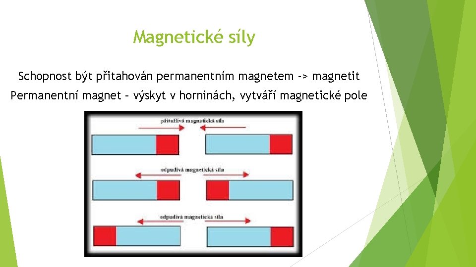 Magnetické síly Schopnost být přitahován permanentním magnetem -> magnetit Permanentní magnet – výskyt v