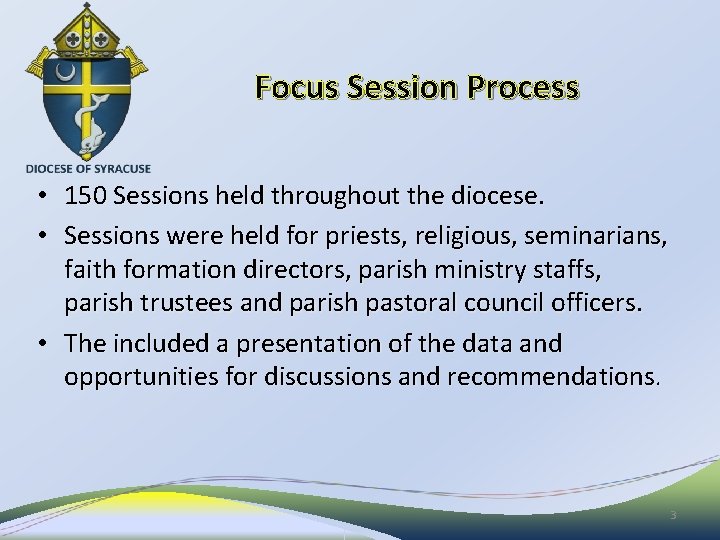 Focus Session Process • 150 Sessions held throughout the diocese. • Sessions were held