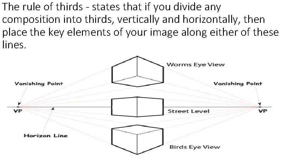 The rule of thirds - states that if you divide any composition into thirds,