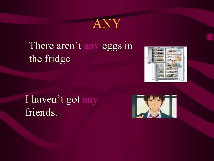 ANY There aren’t any eggs in the fridge I haven’t got any friends. 
