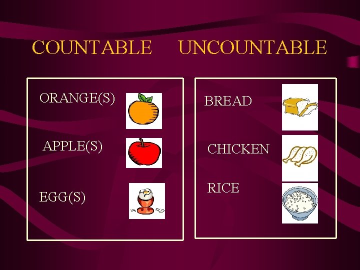 COUNTABLE UNCOUNTABLE ORANGE(S) BREAD APPLE(S) CHICKEN EGG(S) RICE 