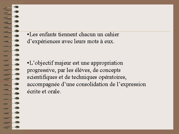  • Les enfants tiennent chacun un cahier d’expériences avec leurs mots à eux.