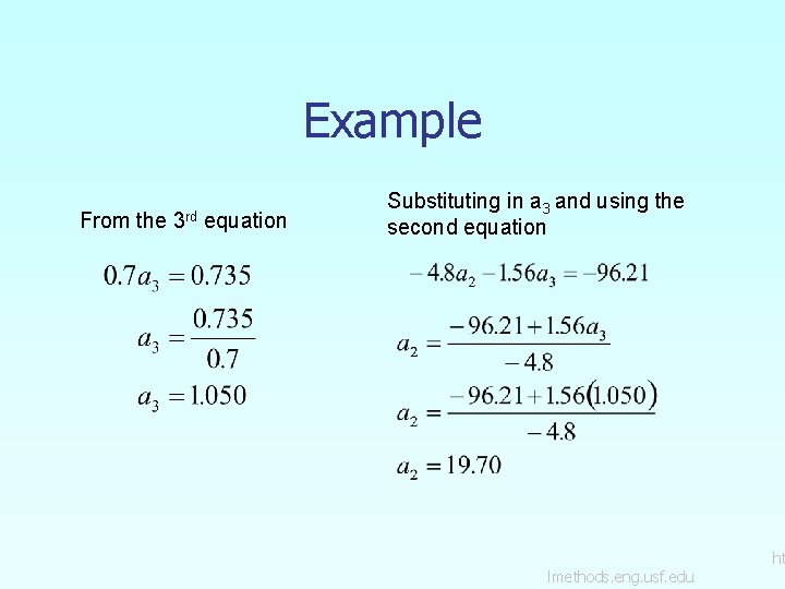 Example From the 3 rd equation Substituting in a 3 and using the second