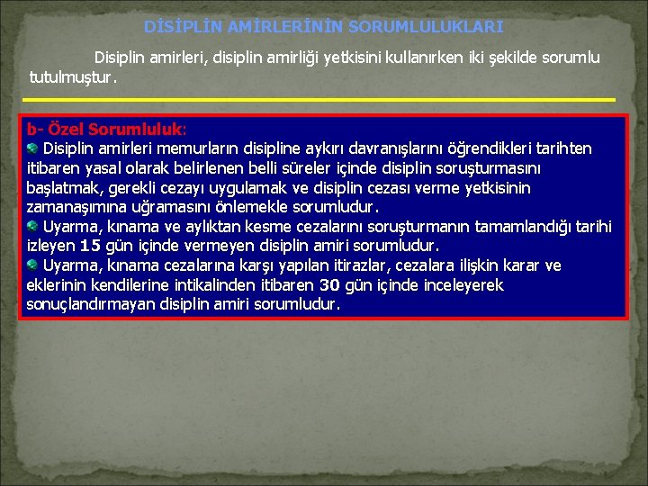 DİSİPLİN AMİRLERİNİN SORUMLULUKLARI Disiplin amirleri, disiplin amirliği yetkisini kullanırken iki şekilde sorumlu tutulmuştur. b-