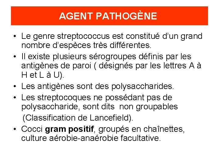 AGENT PATHOGÈNE • Le genre streptococcus est constitué d’un grand nombre d’espèces très différentes.