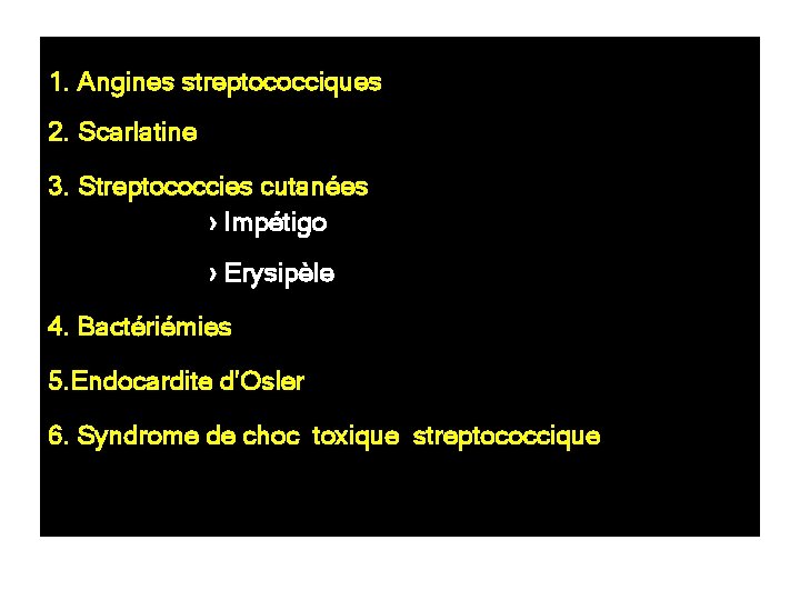 1. Angines streptococciques 2. Scarlatine 3. Streptococcies cutanées › Impétigo › Erysipèle 4. Bactériémies