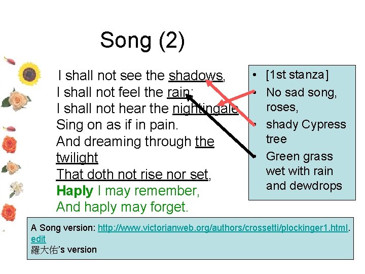 Song (2) I shall not see the shadows, I shall not feel the rain;