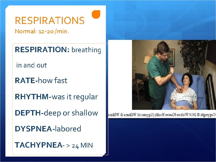 RESPIRATIONS Normal: 12 -20 /min. RESPIRATION: breathing in and out RATE-how fast RHYTHM-was it