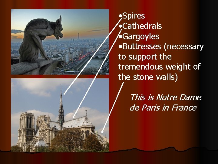  • Spires • Cathedrals • Gargoyles • Buttresses (necessary to support the tremendous
