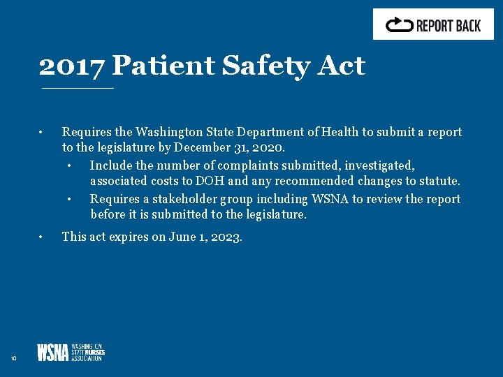 2017 Patient Safety Act 10 • Requires the Washington State Department of Health to