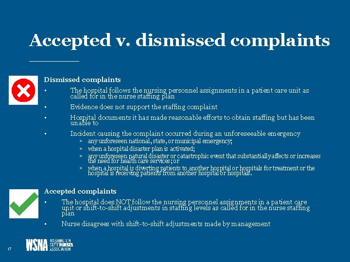 Accepted v. dismissed complaints Dismissed complaints • The hospital follows the nursing personnel assignments