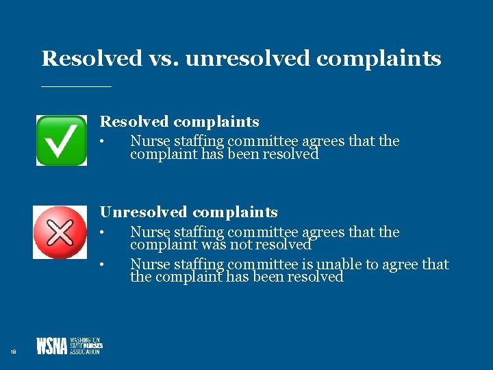 Resolved vs. unresolved complaints Resolved complaints • Nurse staffing committee agrees that the complaint