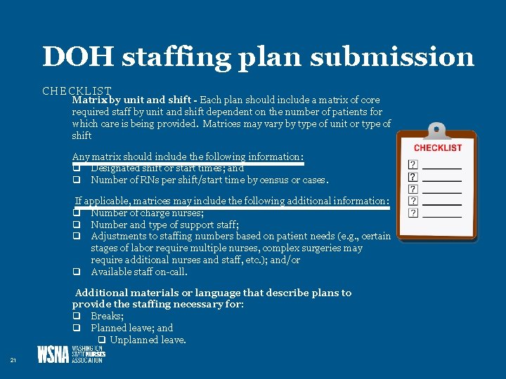 DOH staffing plan submission CHECKLIST Matrix by unit and shift - Each plan should