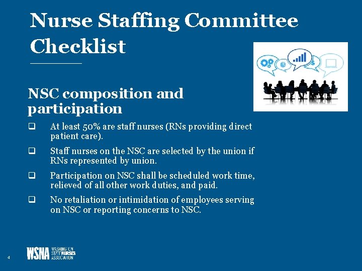 Nurse Staffing Committee Checklist NSC composition and participation 4 q At least 50% are