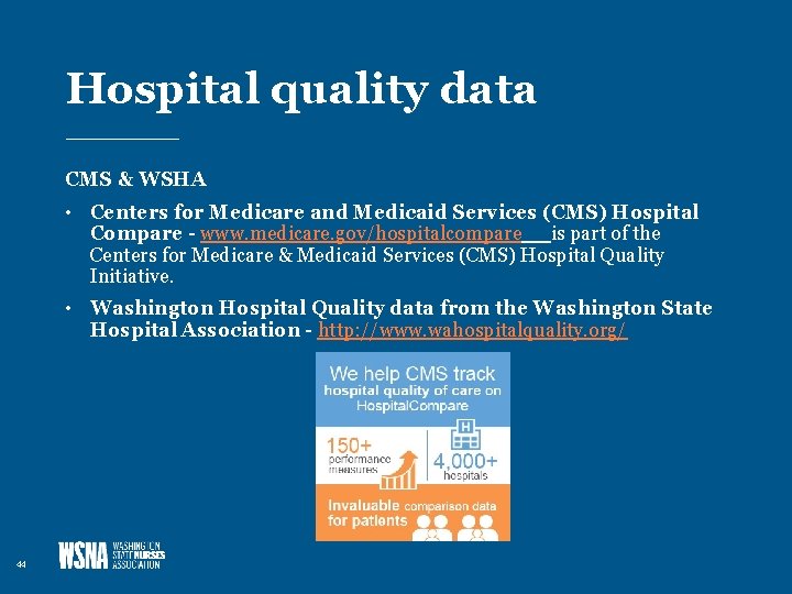 Hospital quality data CMS & WSHA • Centers for Medicare and Medicaid Services (CMS)