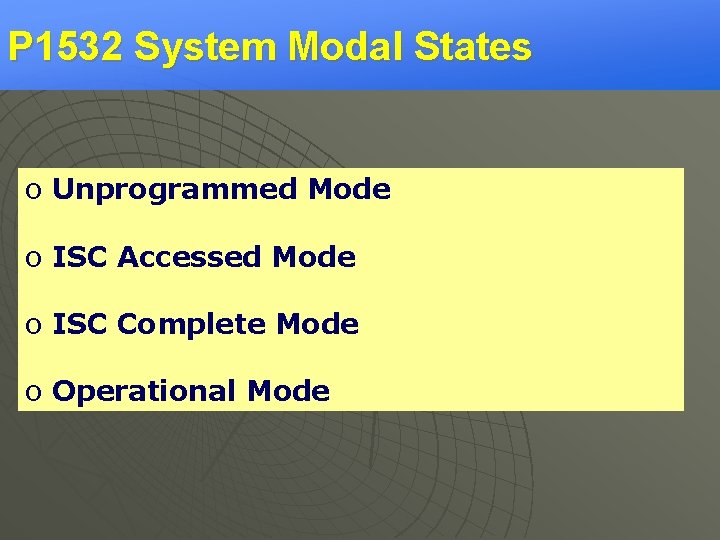 P 1532 System Modal States o Unprogrammed Mode o ISC Accessed Mode o ISC