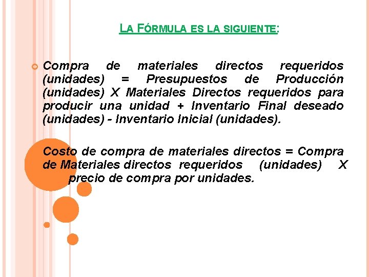 LA FÓRMULA ES LA SIGUIENTE: Compra de materiales directos requeridos (unidades) = Presupuestos de LA FÓRMULA ES LA SIGUIENTE: Compra de materiales directos requeridos (unidades) = Presupuestos de