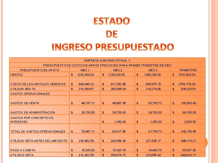 EMPRESA AGROINDUSTRIAL X PRESUPUESTO DE COSTO DE ARROZ PRECOCIDO PARA PRIMER TRIMESTRE DE 200 EMPRESA AGROINDUSTRIAL X PRESUPUESTO DE COSTO DE ARROZ PRECOCIDO PARA PRIMER TRIMESTRE DE 200