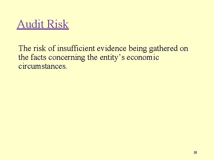 Audit Risk The risk of insufficient evidence being gathered on the facts concerning the