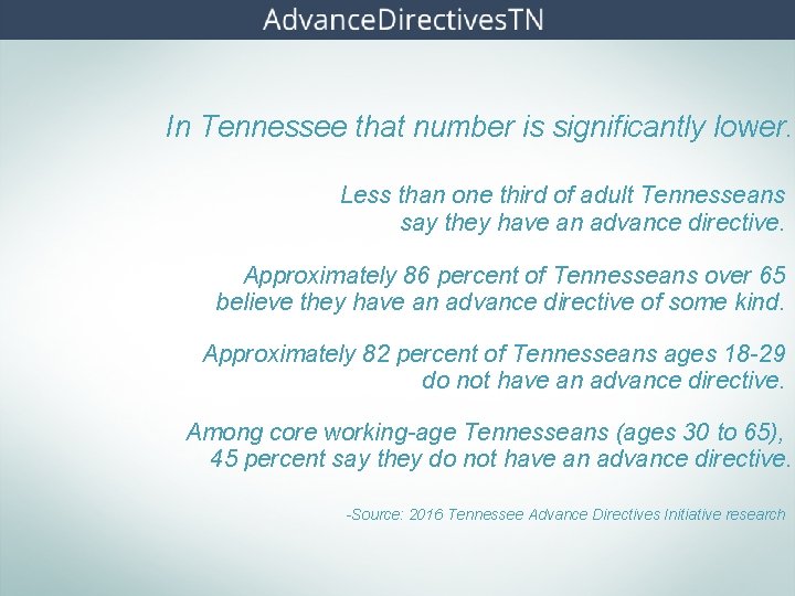 In Tennessee that number is significantly lower. Less than one third of adult Tennesseans