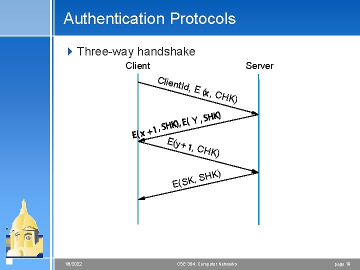 Authentication Protocols 4 Three-way handshake Client Server Clien t. Id, E ( , C