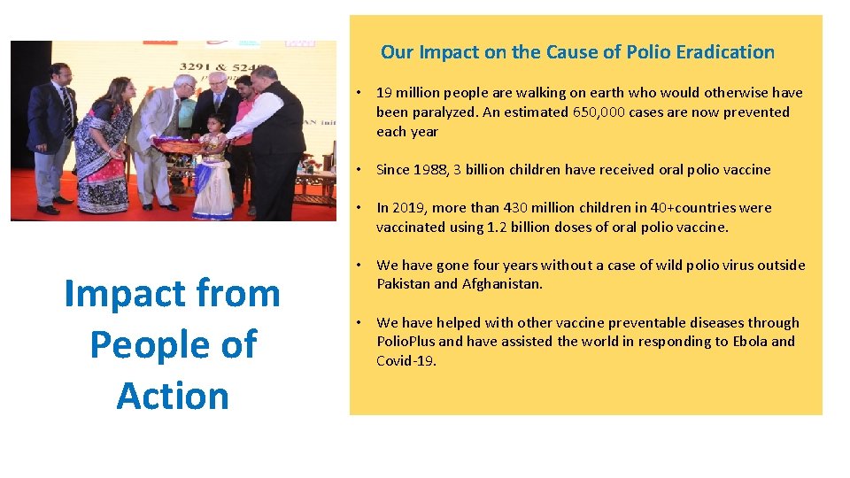 Our Impact on the Cause of Polio Eradication • 19 million people are walking