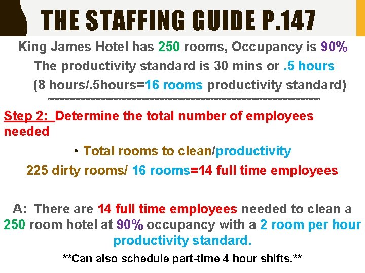 THE STAFFING GUIDE P. 147 King James Hotel has 250 rooms, Occupancy is 90%