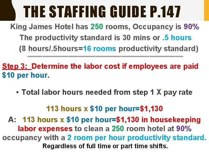 THE STAFFING GUIDE P. 147 King James Hotel has 250 rooms, Occupancy is 90%