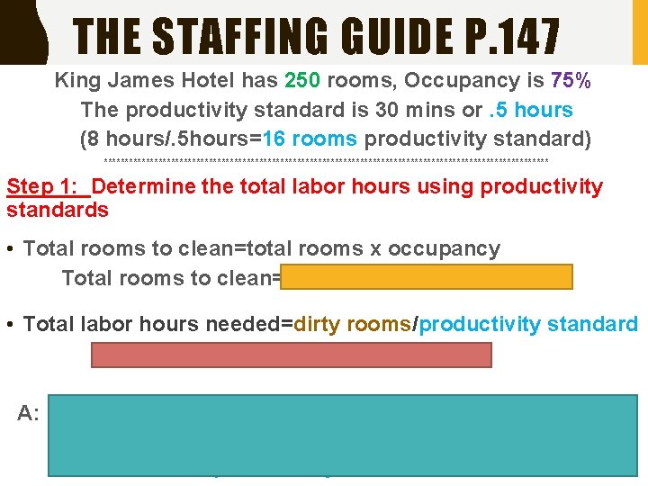 THE STAFFING GUIDE P. 147 King James Hotel has 250 rooms, Occupancy is 75%